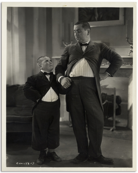 8 x 10 Glossy Photo of Curly With His On-Screen Son From the Famous Deleted Scene From the 1934 Three Stooges Film Three Little Pigskins -- Very Good Condition